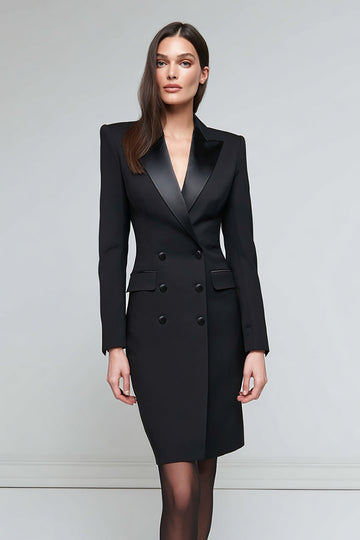 Robe de travail midi en satin noir à revers en pointe